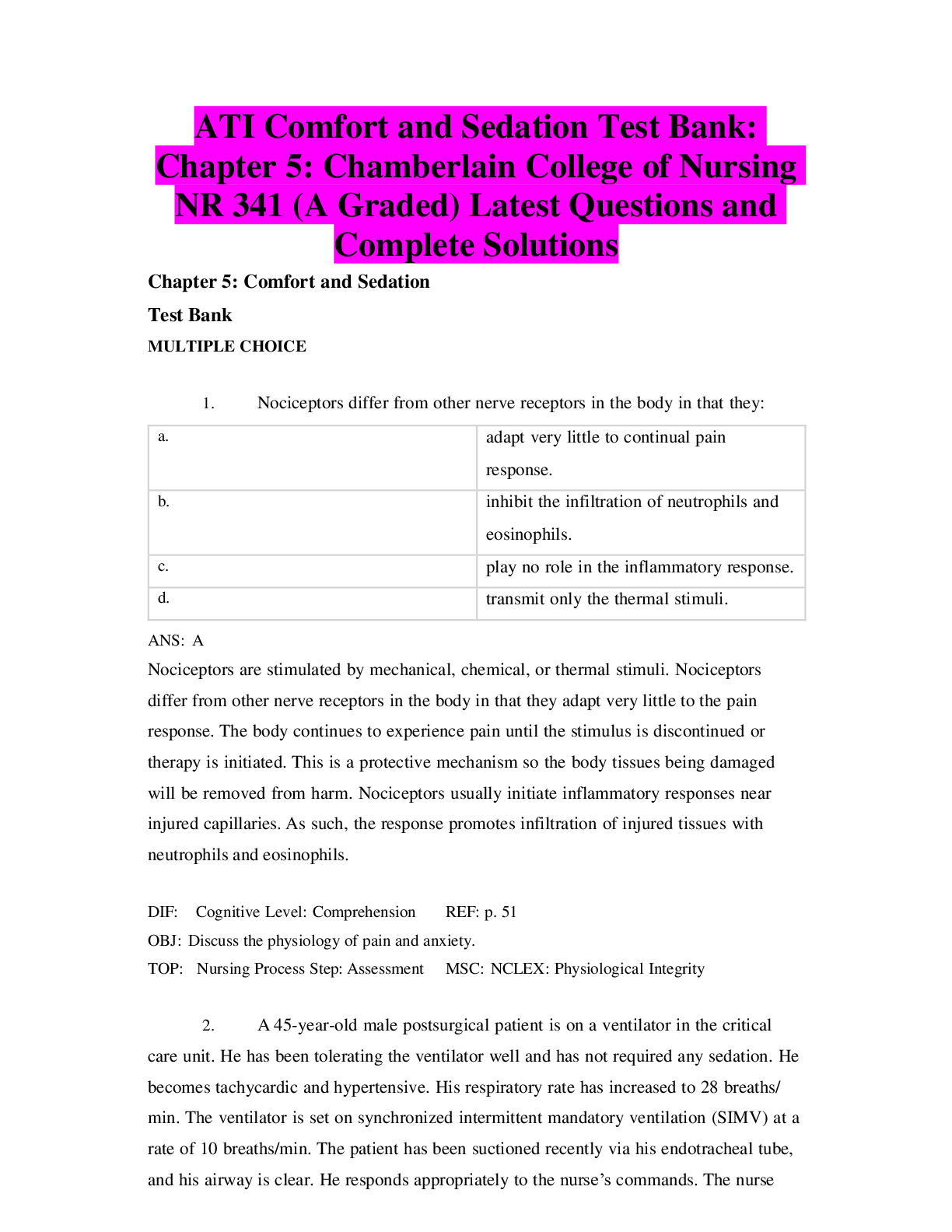 Preview image for ATI Comfort and Sedation Test Bank: Chapter 5: Chamberlain College of Nursing NR 341 (A Graded) Latest Questions and Complete Solutions